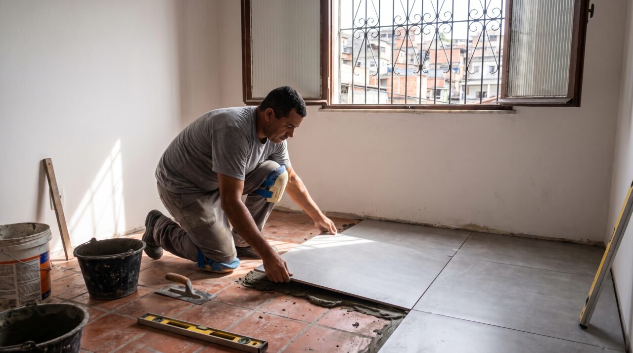 Quanto custa sobrepor porcelanato de grande formato no piso antigo da sala em 2026?