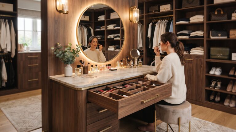 Quanto custa montar uma penteadeira camarim iluminada no closet com marcenaria em 2026