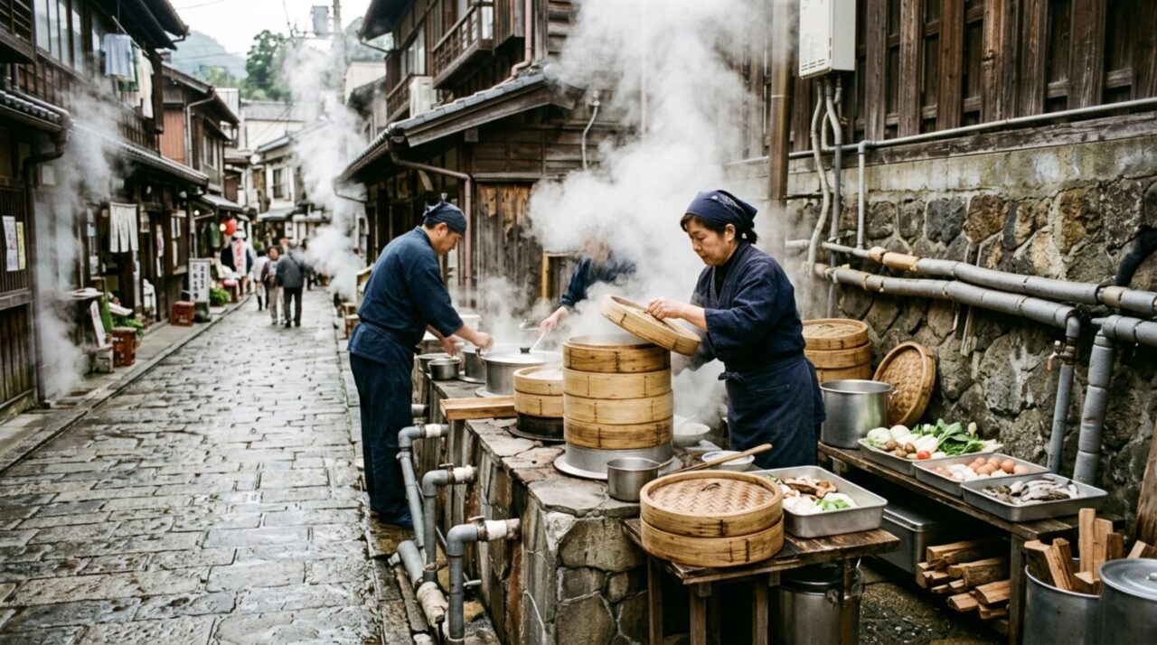 O vapor subterrâneo de Beppu é usado há séculos para cozinhar, aquecer e abastecer banhos