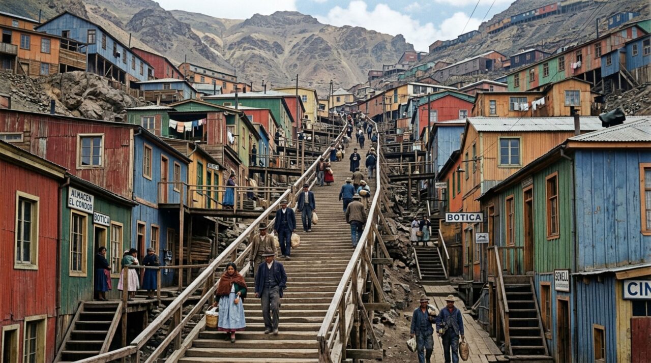 Escadarias e caminhos estreitos conectavam os diferentes níveis da cidade de Sewell em meio ao relevo íngreme dos Andes