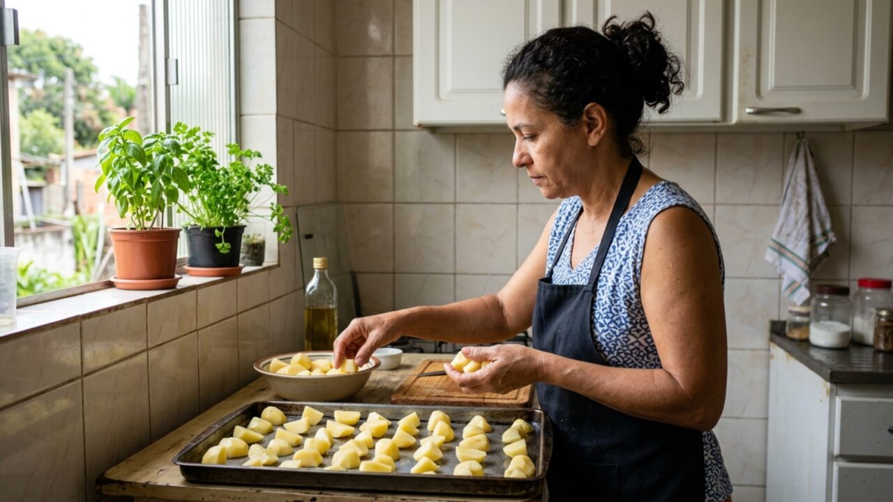 Batata crocante começa antes de entrar no forno: cozinheiros secam bem os pedaços para evitar que eles cozinhem no próprio vapor
