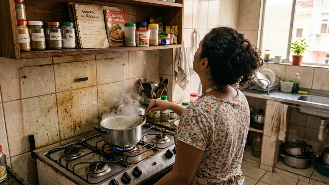 Família instala prateleiras acima do fogão para aproveitar a parede vazia e nota que calor e vapor começam a atingir diretamente os objetos guardados ali