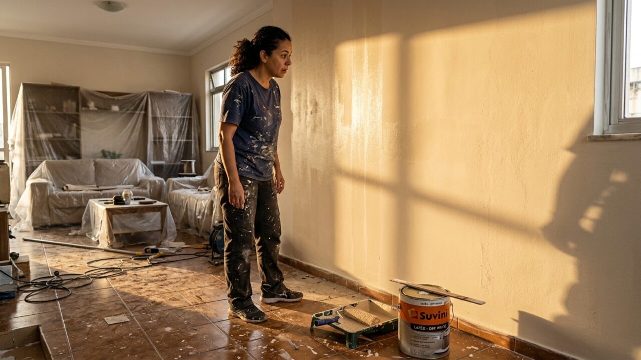 Pintor termina a sala e, quando o sol da tarde entra pela janela, proprietário percebe faixas mais claras atravessando toda a parede recém-pintada