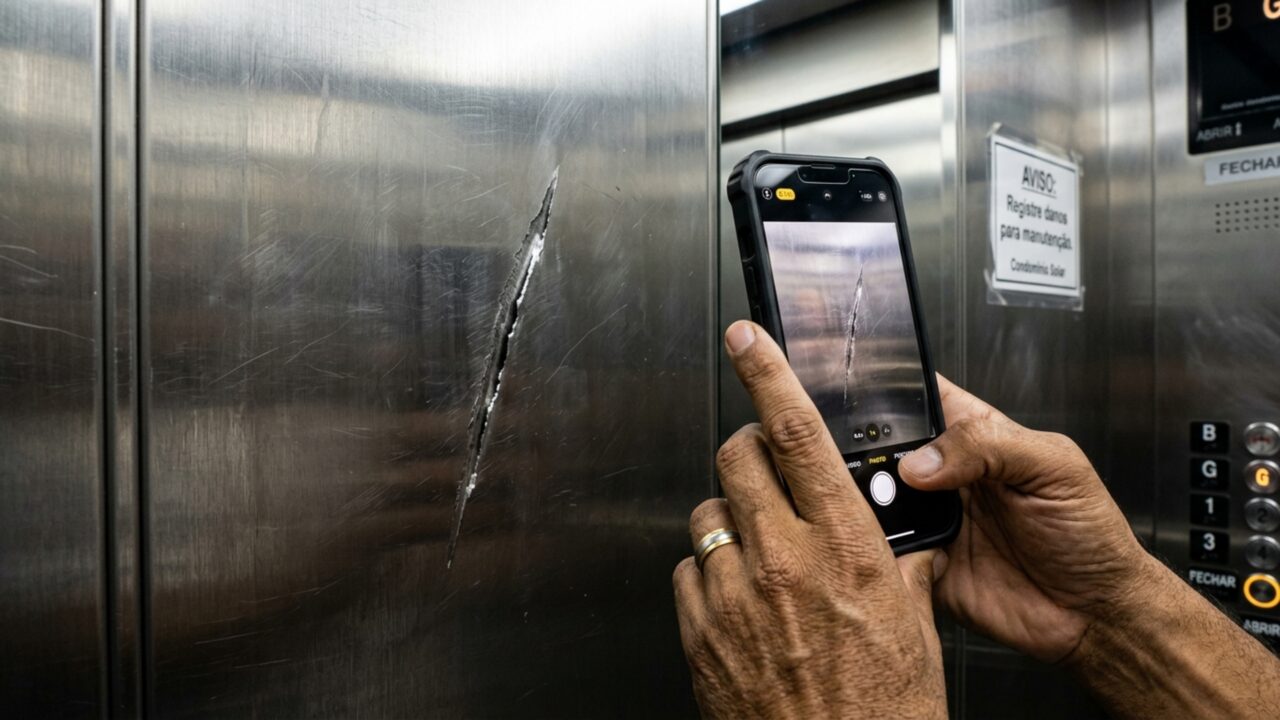 Mudança deixa risco de quatro metros dentro do elevador e condomínio cobra R$ 5.800 da nova moradora antes de liberar sua garagem