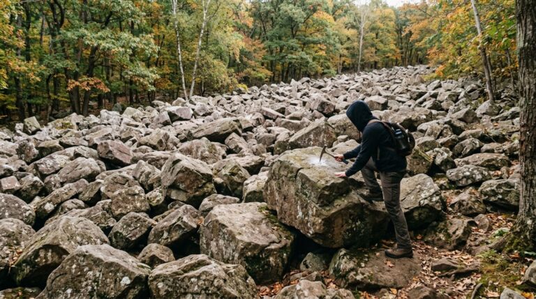 Campo natural de blocos de diabásio das Ringing Rocks na Pensilvânia