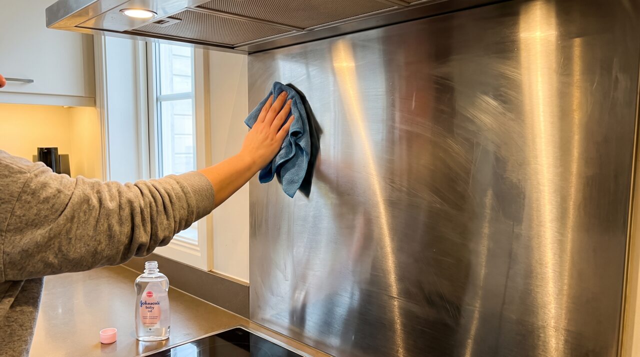 Truque de limpar e dar brilho na coifa de inox usando óleo de bebê e pano de microfibra