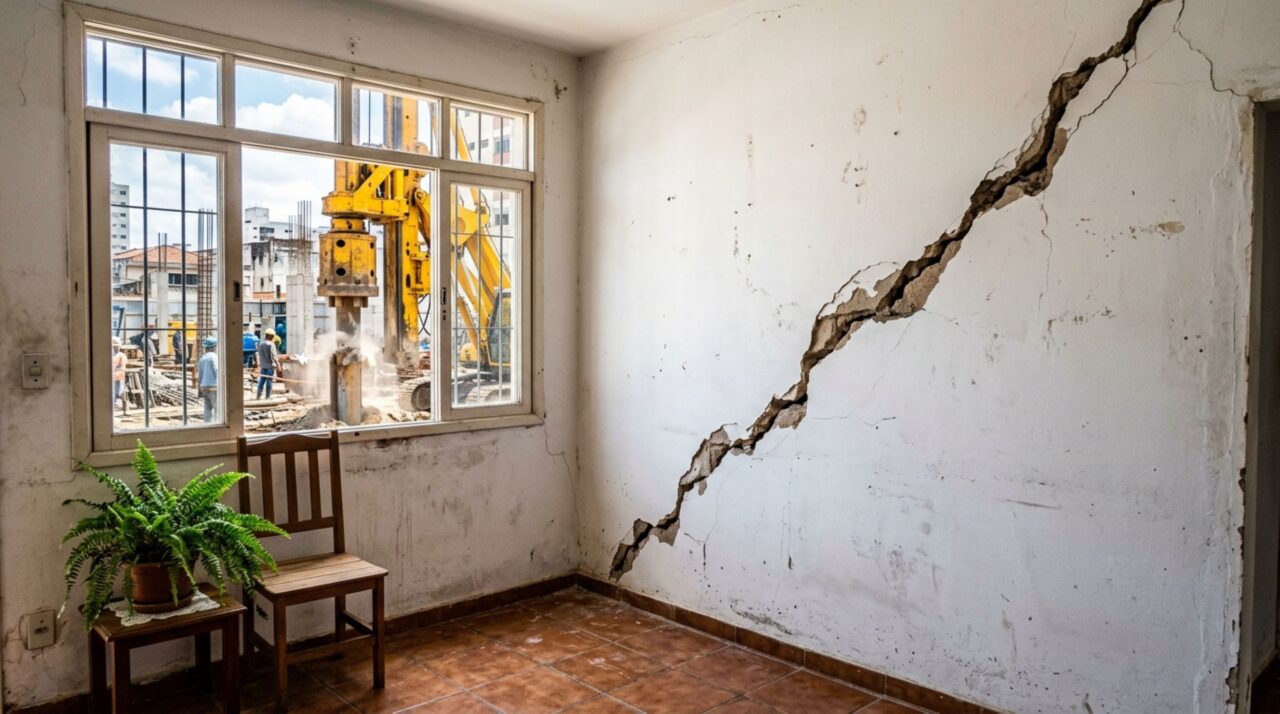Obra ao lado usa bate-estaca por três semanas, e a família descobre que o laudo de vistoria cautelar feito antes do início é o que decide quem paga as trincas