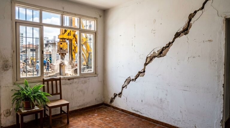 Obra ao lado usa bate-estaca por três semanas, e a família descobre que o laudo de vistoria cautelar feito antes do início é o que decide quem paga as trincas