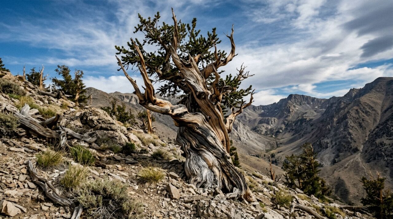 A floresta nas montanhas onde algumas árvores permanecem vivas há milhares de anos mesmo enfrentando frio intenso, ventos fortes e solos onde poucas outras plantas conseguem prosperar
