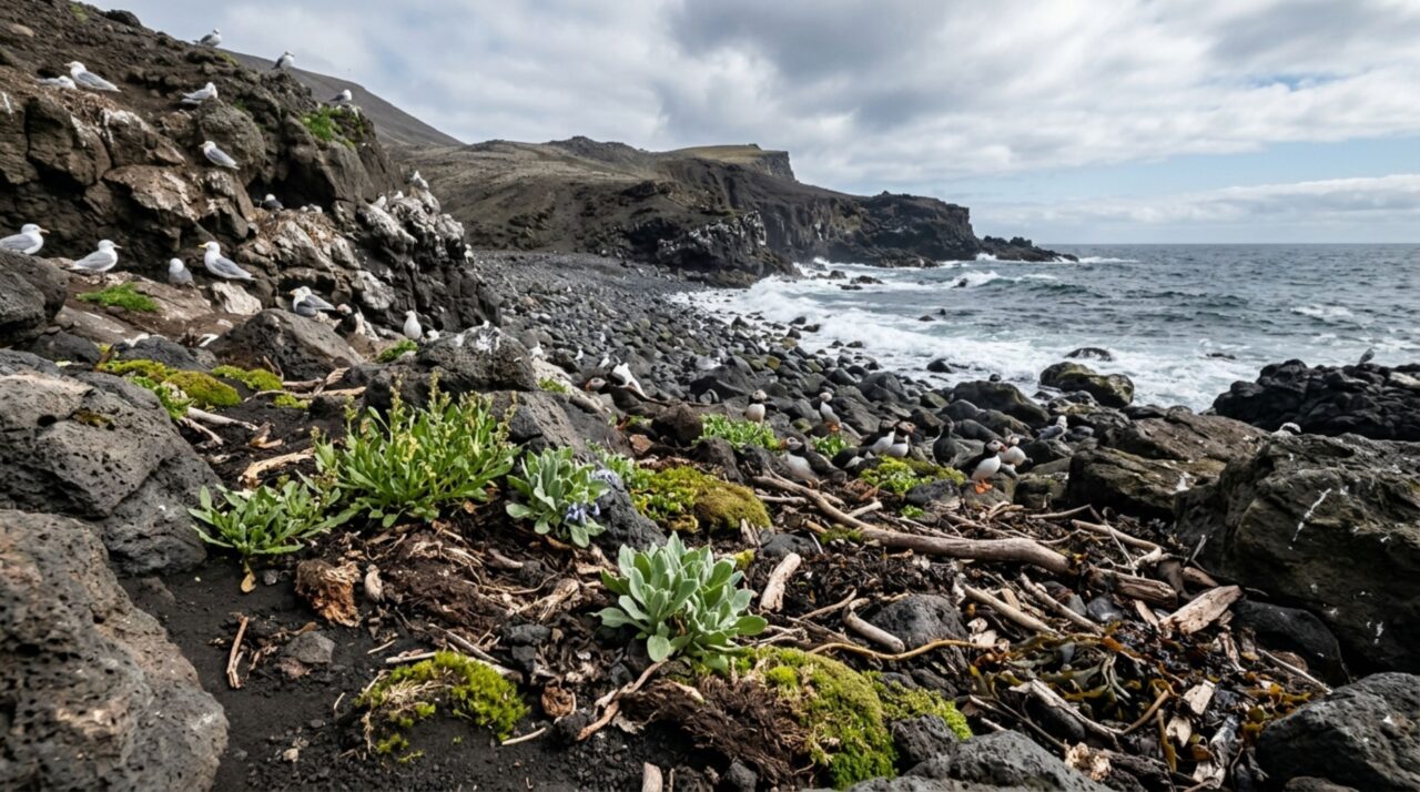 Plantas, aves e invertebrados chegaram gradualmente a Surtsey e começaram a transformar a rocha vulcânica em um ambiente biologicamente mais complexo