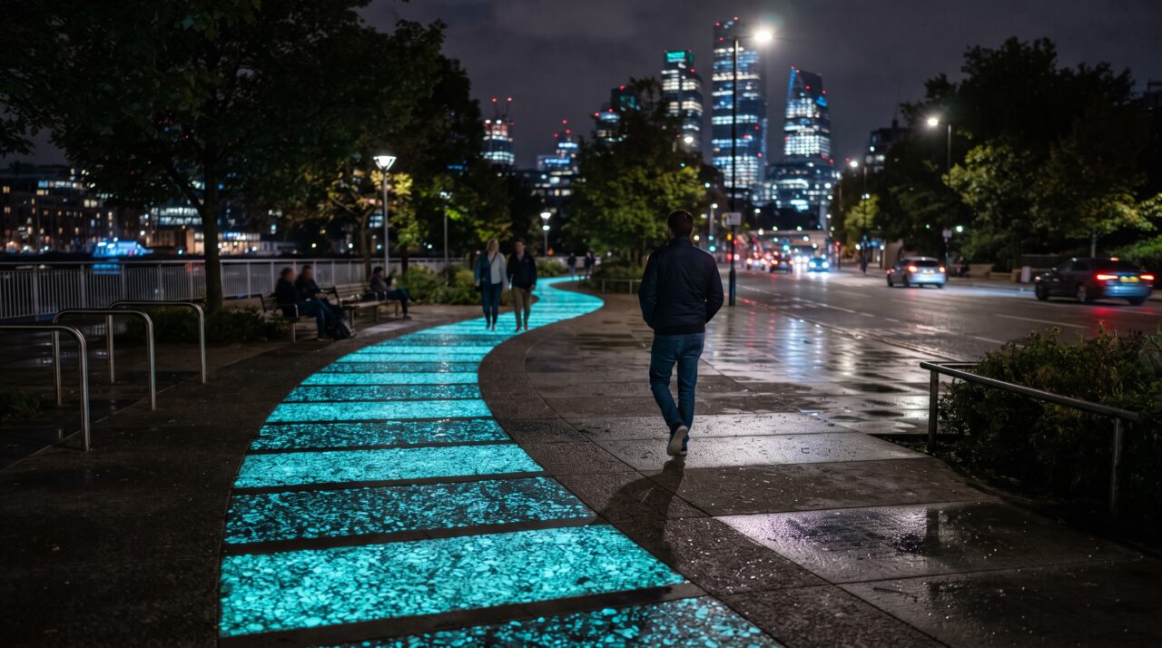 O surgimento e a aplicação do concreto fotoluminescente que absorve luz solar e ilumina caminhos à noite sem gastar energia elétrica