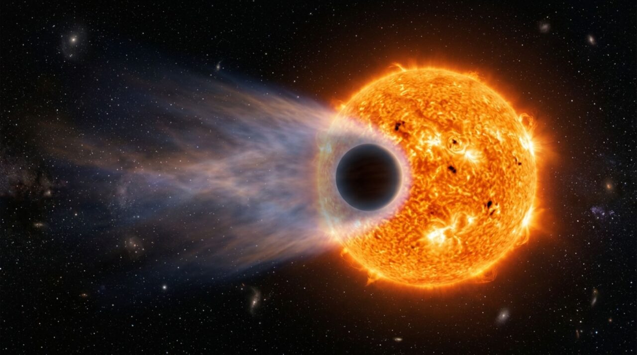 A atmosfera extremamente expandida do planeta está sendo perdida sob intensa radiação estelar