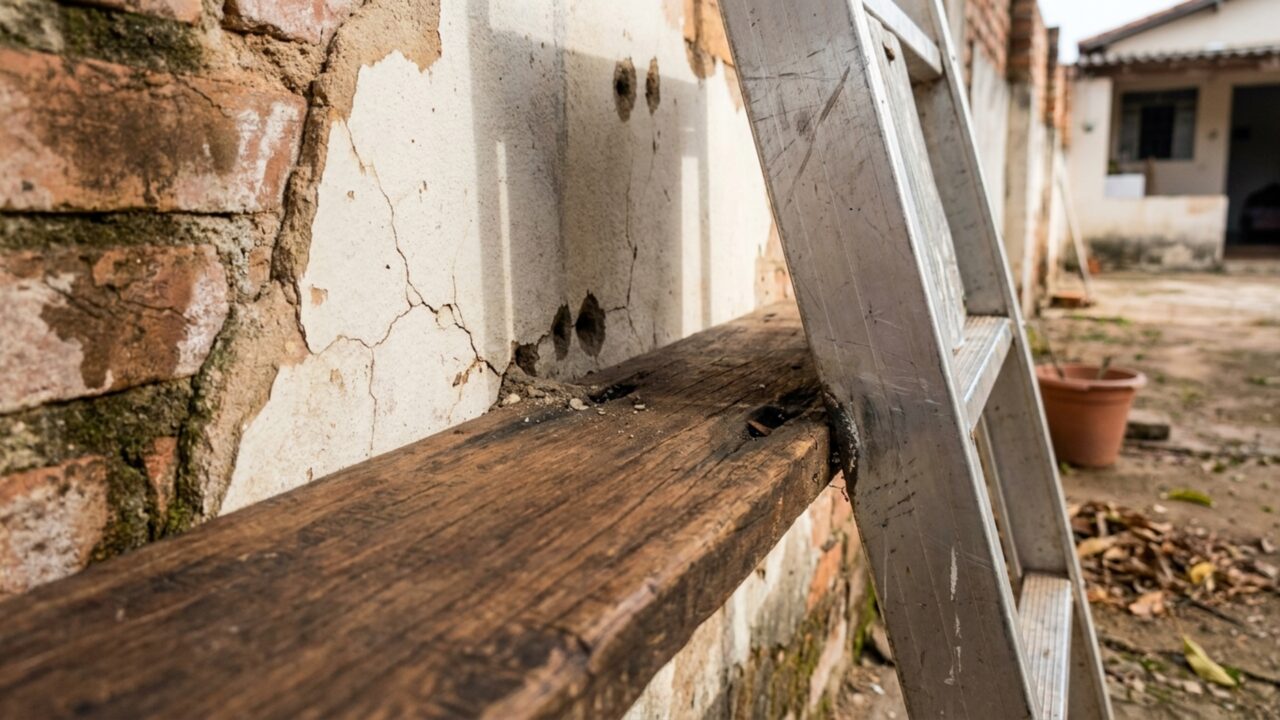 Ao chegar para almoçar, moradora encontra andaime apoiado sobre seu muro e descobre que pintores do vizinho precisavam alcançar o segundo andar da casa ao lado