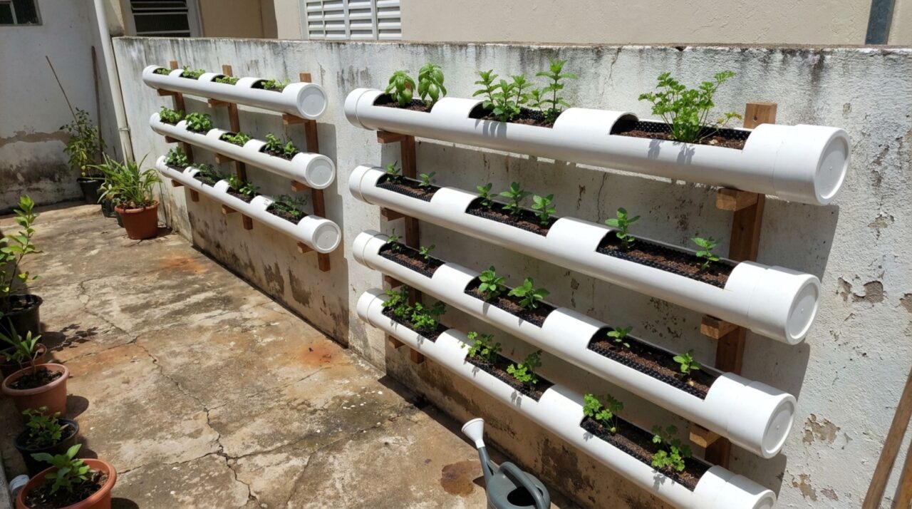 Como eu transformei sobras de cano PVC em uma horta suspensa com aparência de jardim modular