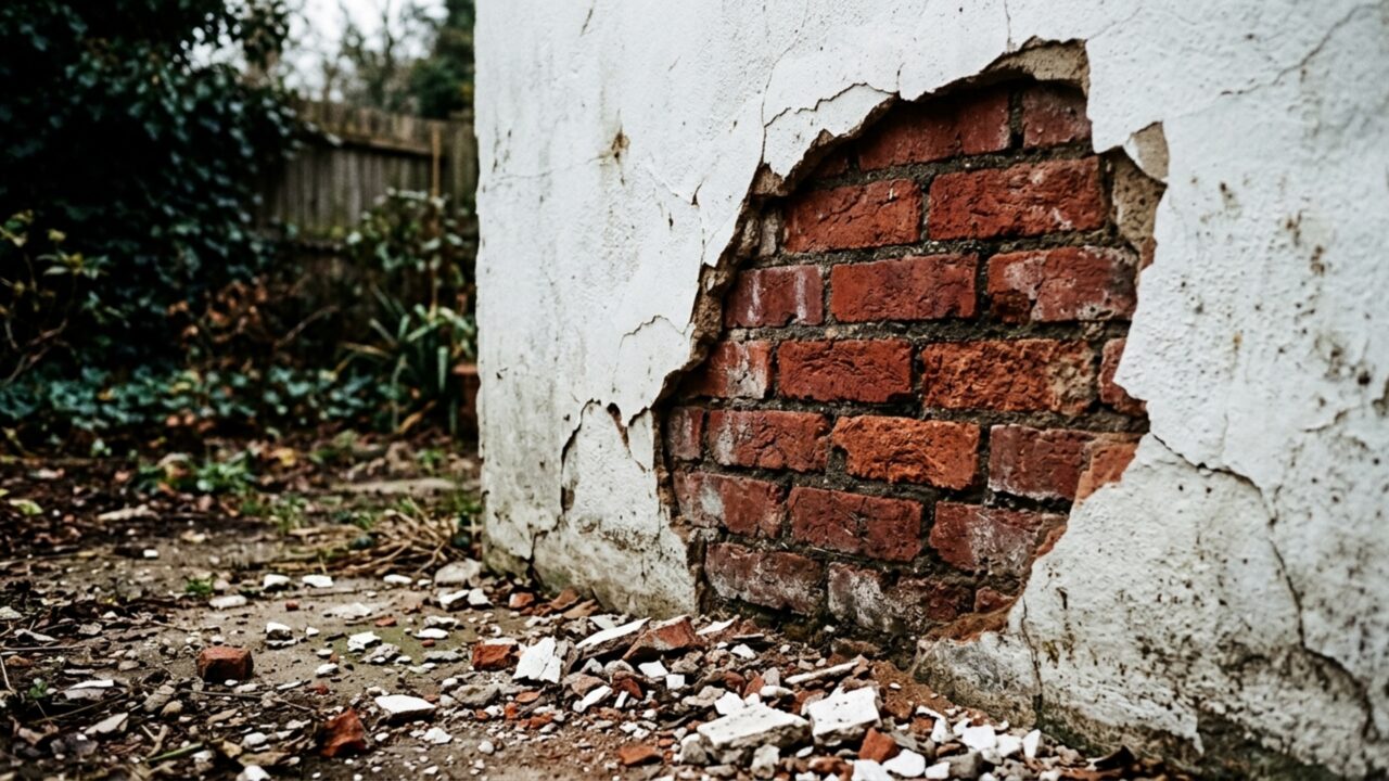 Vizinho instala toldo retrátil com 12 parafusos no muro compartilhado e primeira ventania arranca parte do reboco da casa ao lado