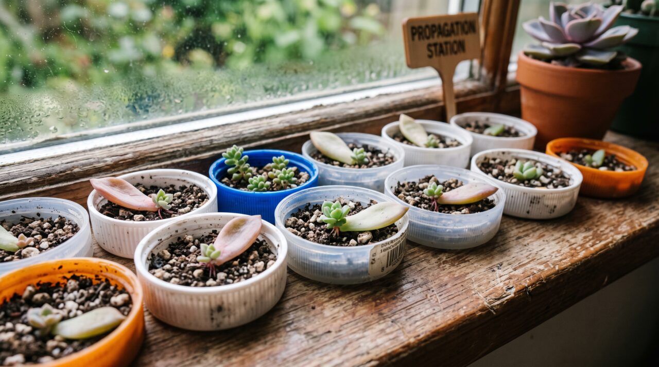 Como fazer mudas e multiplicar a suculenta Echeveria usando tampas de plástico e folhas soltas