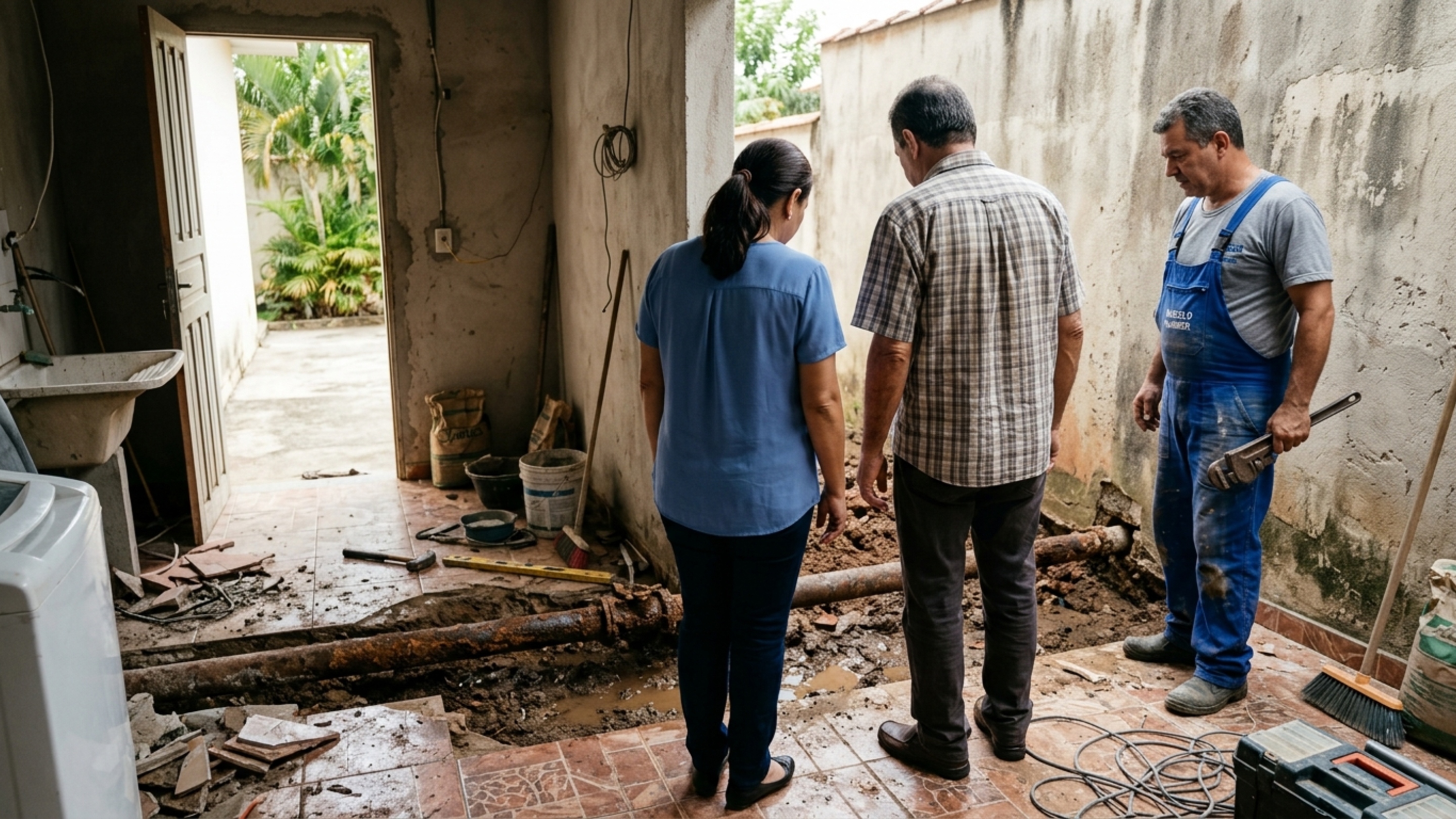 Mulher compra casa antiga, remove o piso da lavanderia e encontra tubulação que abastece uma torneira usada pela residência ao lado há décadas