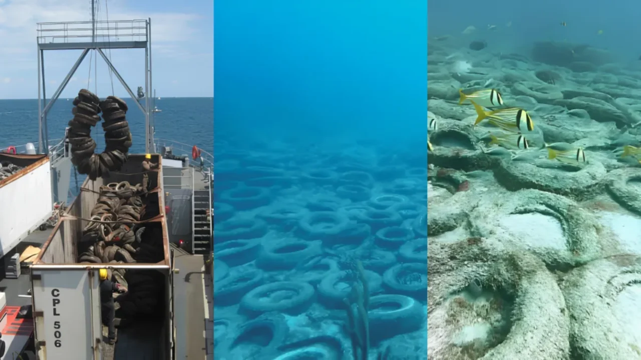 Pneus cheios de concreto e jogados no mar em 1978 viraram um recife artificial para peixes, lagostas e diversas outras espécies marinhas