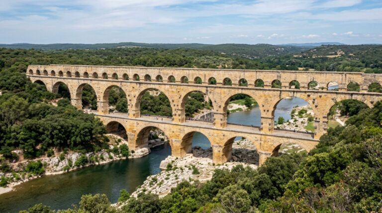 O Pont du Gard manteve o aqueduto romano elevado sobre o vale do Gardon