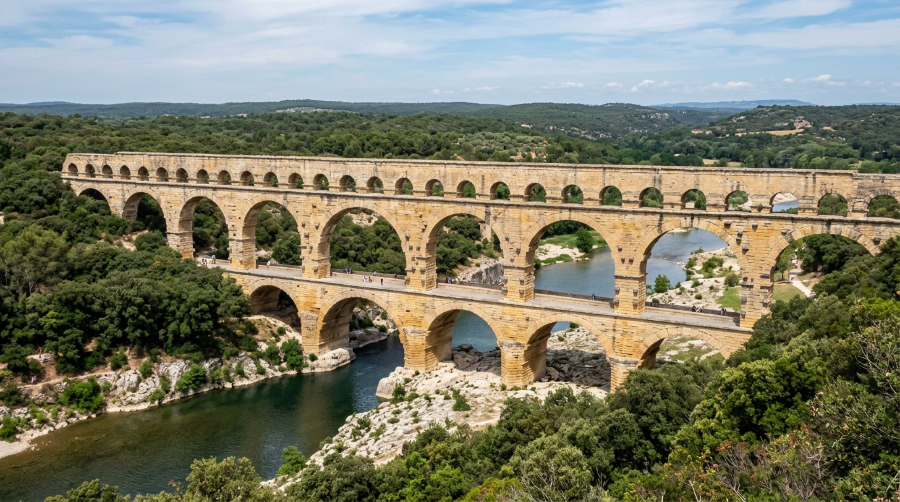 Um aqueduto atravessou quase 50 quilômetros com queda mínima e romanos ergueram três andares de arcos para vencer um rio