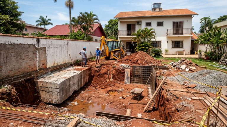 Homem compra sobrado antigo, escava o quintal para construir uma piscina e, durante a obra, descobre parte da fundação do vizinho avançando sob seu terreno