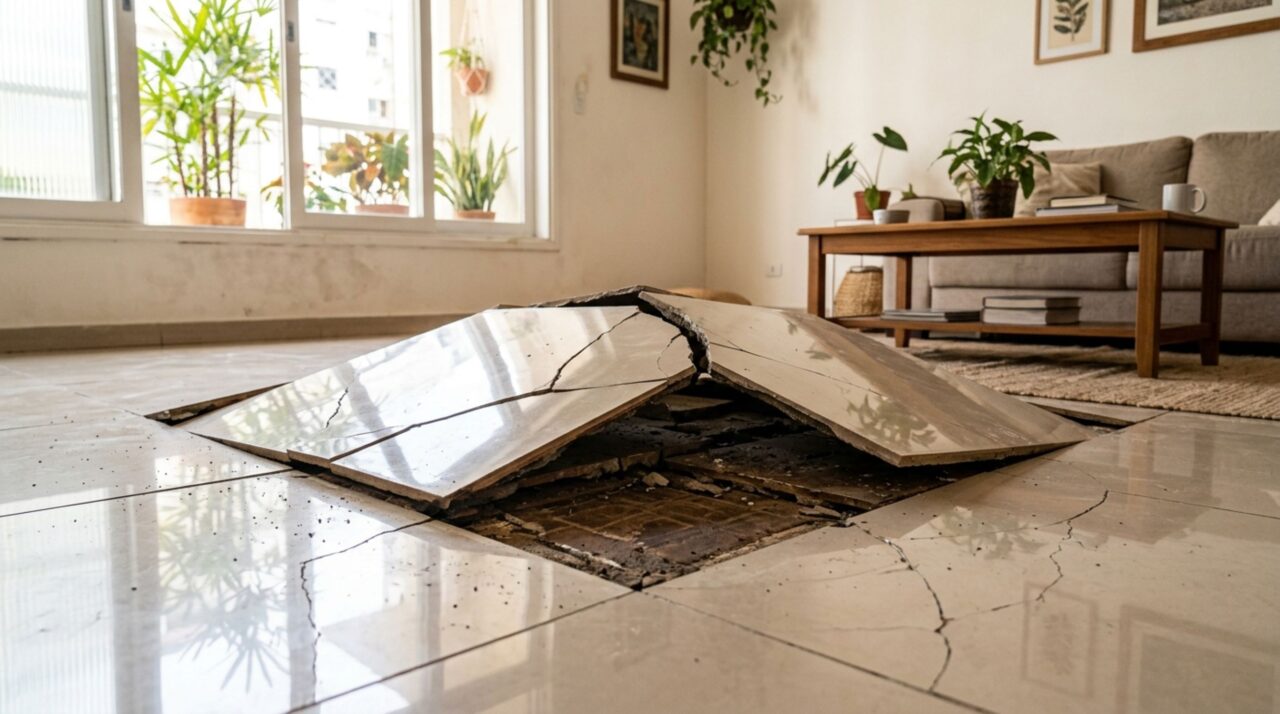 Proprietário troca o piso cerâmico por porcelanato grande sobre o antigo para economizar e, meses depois, as peças começam a estufar e soar ocas