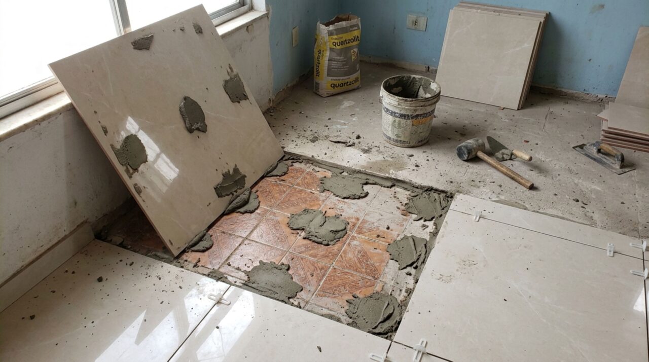 Proprietário troca o piso cerâmico por porcelanato grande sobre o antigo para economizar e, meses depois, as peças começam a estufar e soar ocas