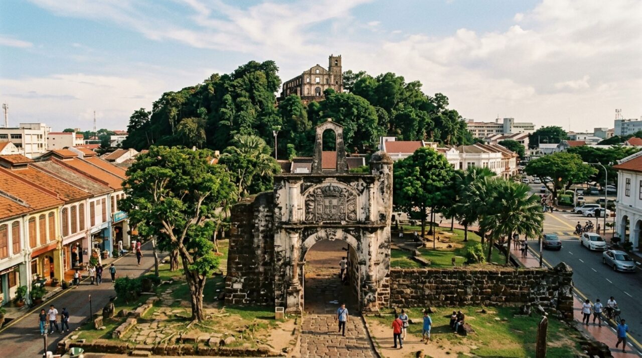 A Porta de Santiago preserva uma das marcas mais visíveis da antiga cidade fortificada de Melaka
