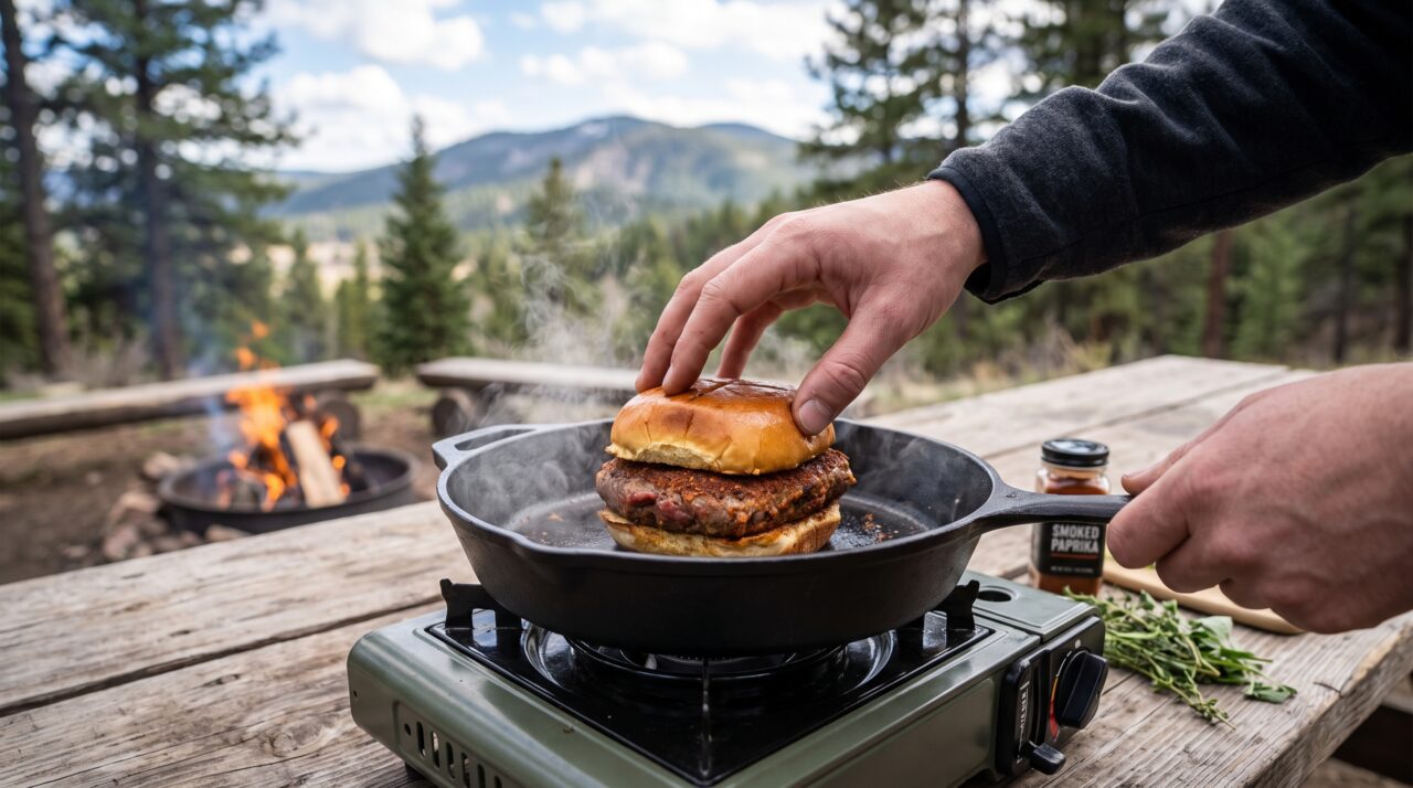 Este rapaz preparou um sanduíche gigante de carne na floresta utilizando técnicas de sobrevivência bushcraft