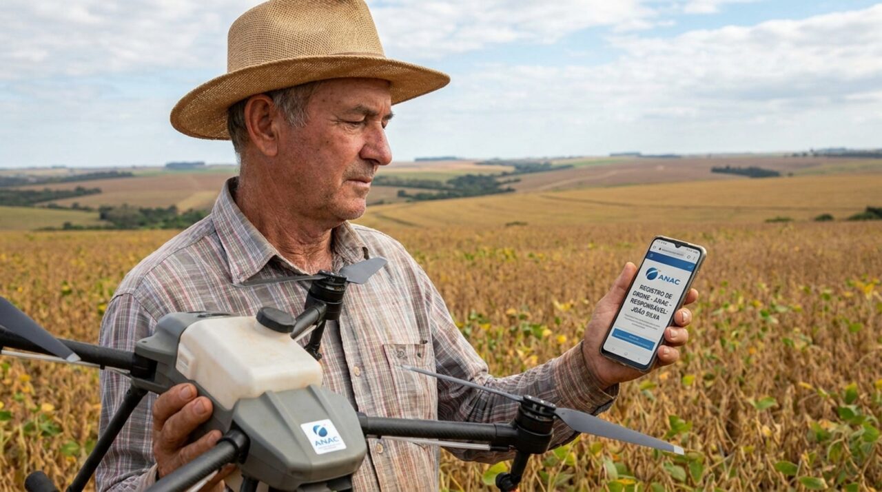 Proprietário usa drone para vistoriar a lavoura, o equipamento cai na propriedade vizinha e a ANAC revela que o cadastro obrigatório muda quem responde pelo dano