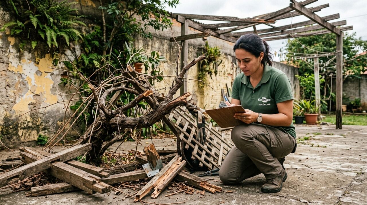 Família volta de férias e encontra pergolado com videira antiga desmontado durante reparo no muro, ela exige reconstrução e reposição das plantas