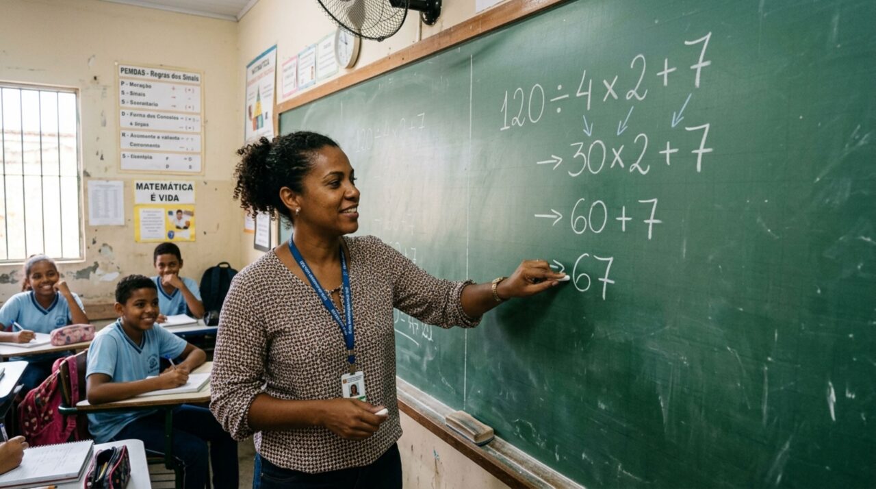 Sem usar lápis e papel, resolva a equação 120 ÷ (8 − 4) × 2 + 7 e teste seus conhecimentos da época da escola
