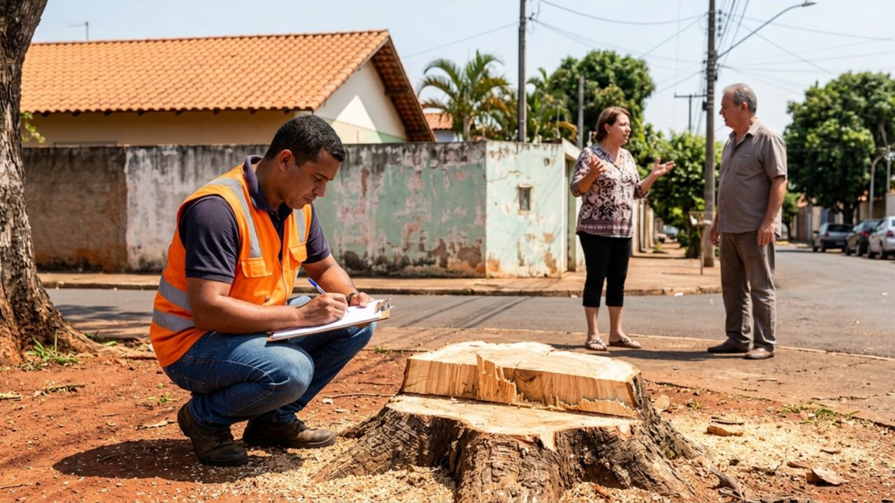 Família viaja durante o feriado e encontra árvore de 16 metros completamente removida pelo vizinho, que alegou risco de queda sobre sua casa