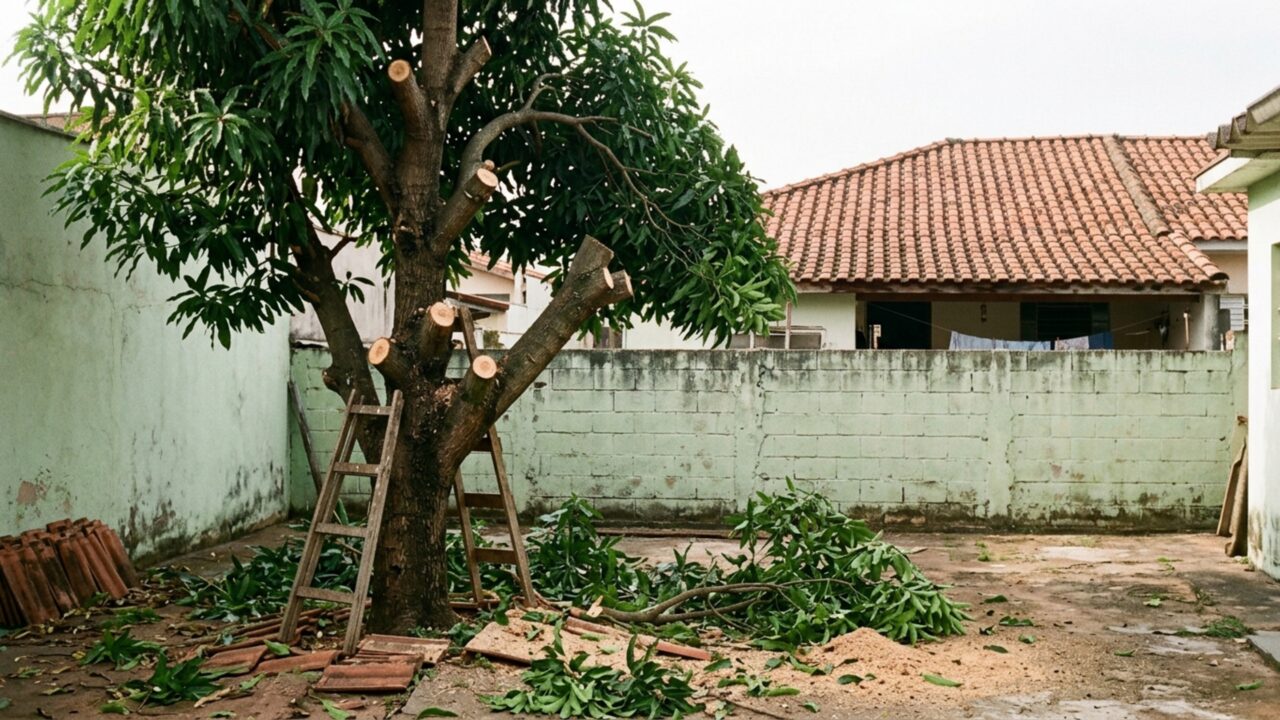 Moradora chega de viagem e encontra árvore que fazia sombra em seu quintal cortada quase pela metade; vizinho diz que os galhos estavam encostando no telhado dele