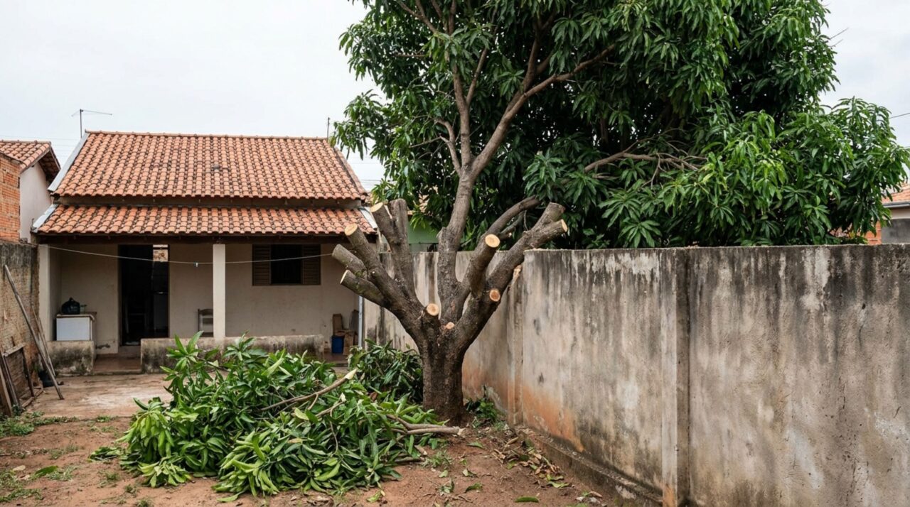 Casal volta para casa e encontra os galhos da árvore cortados pelo vizinho, que alegou que eles avançavam sobre seu telhado, moradores discutem até onde a poda pode chegar