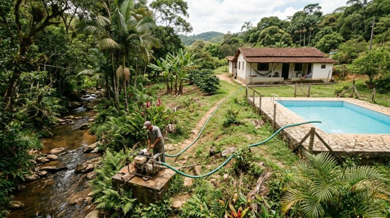 Família compra terreno com córrego nos fundos, instala uma bomba para abastecer a piscina e descobre durante fiscalização que a captação precisa ser regularizada