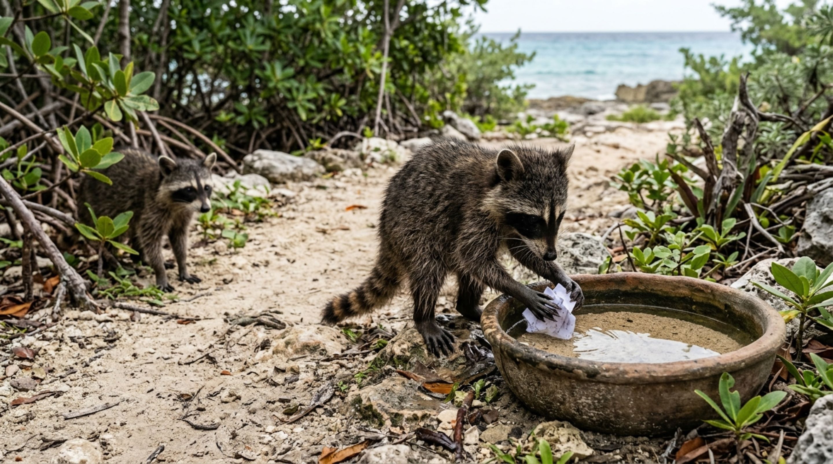Guaxinins ameaçados começaram a transformar lixo em brinquedo e comportamento em Cozumel parece passar de um animal para outro