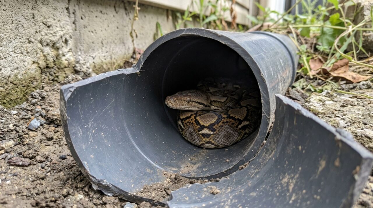 A píton em tubulação ilustra como serpentes podem ocupar passagens artificiais em áreas urbanizadas