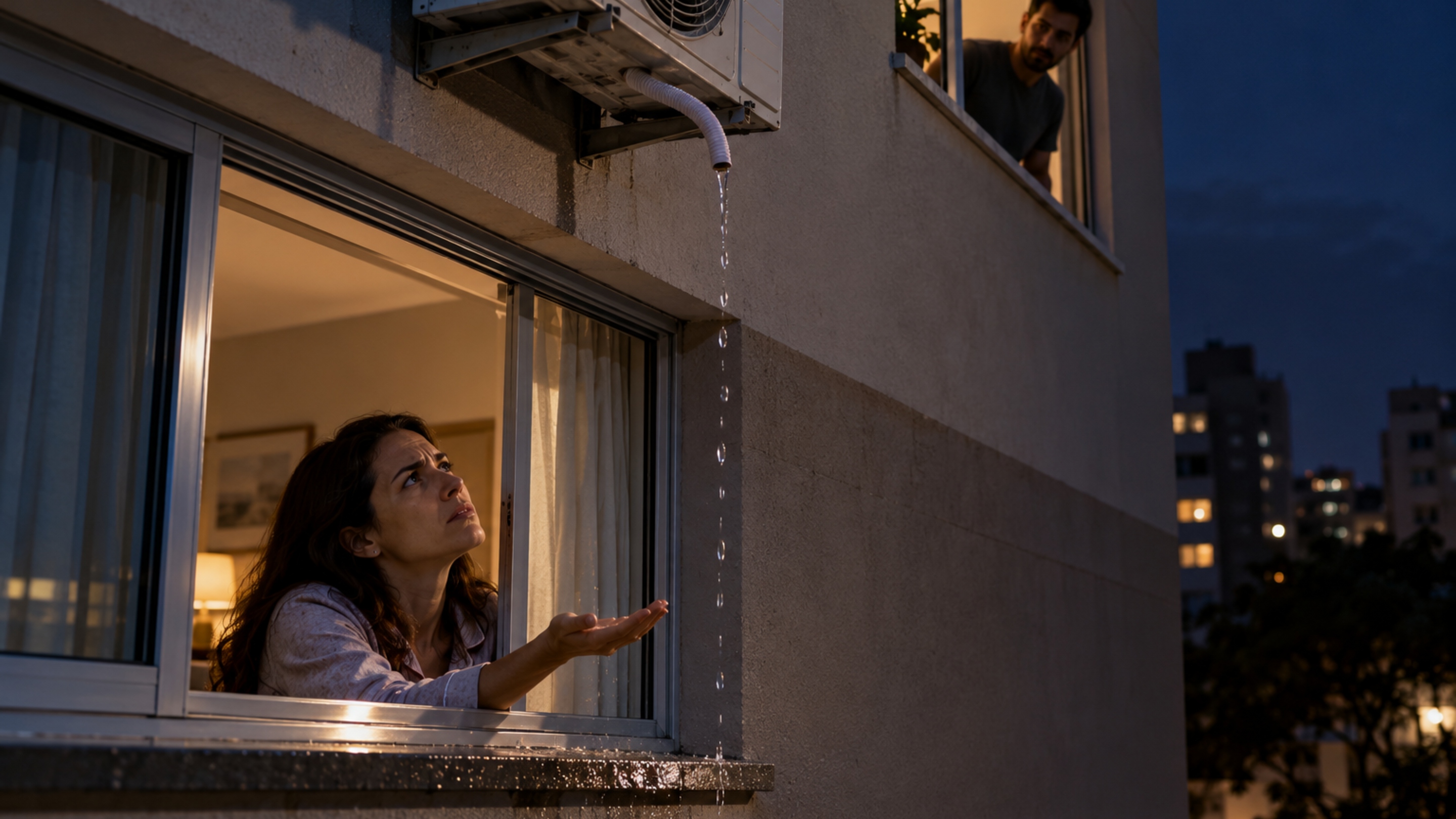 Quem mora no andar de baixo começa a acordar com gotas batendo no parapeito e descobre que um ar-condicionado recém-instalado está drenando água sobre sua janela