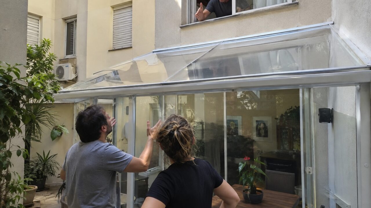 Quem mora no térreo fecha o pequeno quintal com cobertura transparente e morador do andar de cima afirma que estrutura impede acesso para manutenção de sua janela