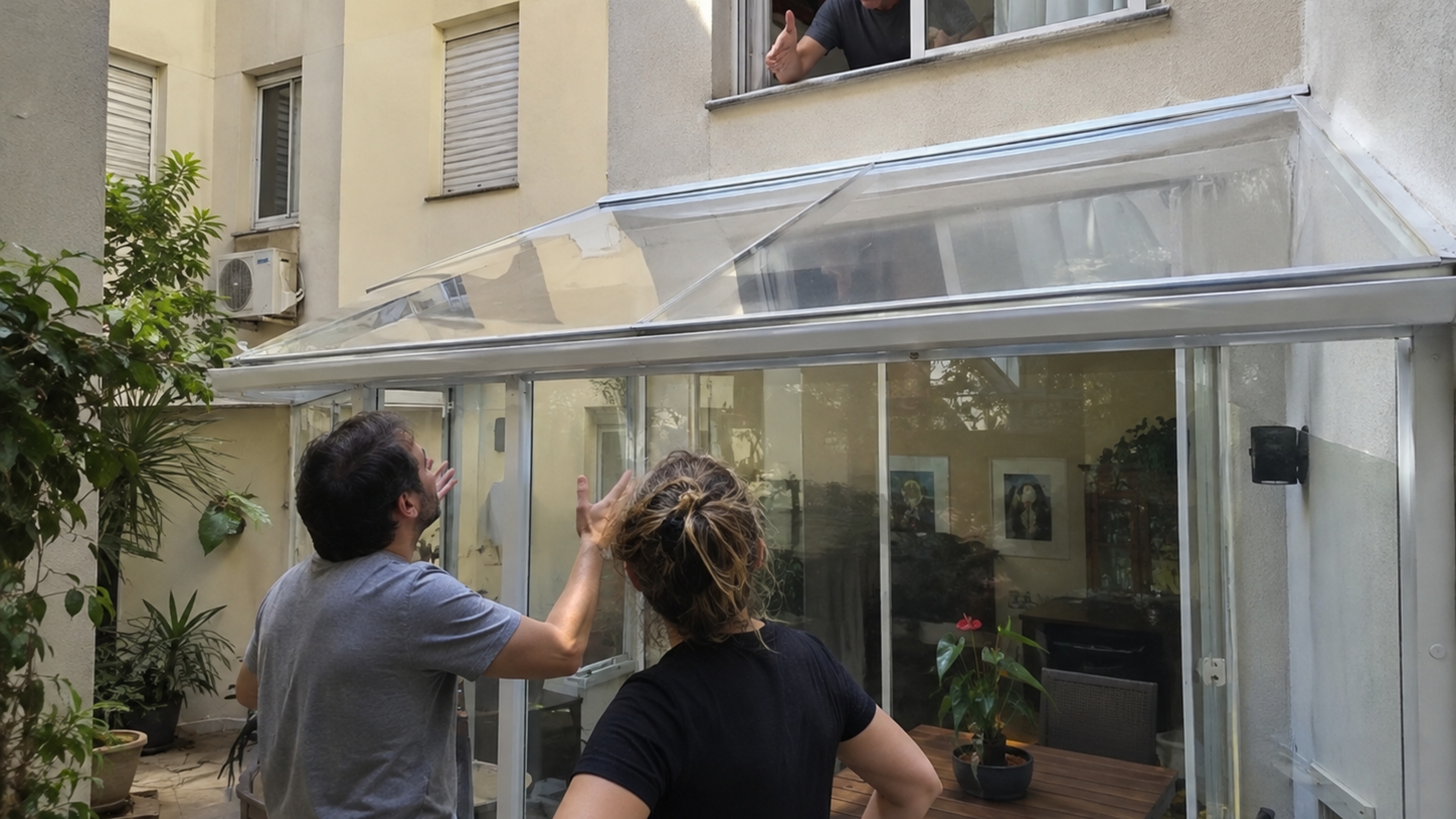 Quem mora no térreo fecha o pequeno quintal com cobertura transparente e morador do andar de cima afirma que estrutura impede acesso para manutenção de sua janela