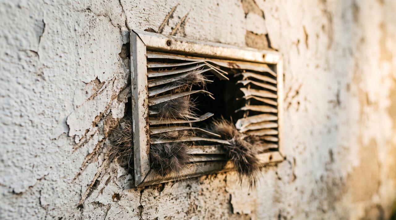 Dono de sítio percebe que os sacos de ração amanhecem rasgados em noites alternadas e, ao instalar uma lanterna de sensor, flagra uma família de guaxinins usando uma grade de ventilação entortada como porta de entrada