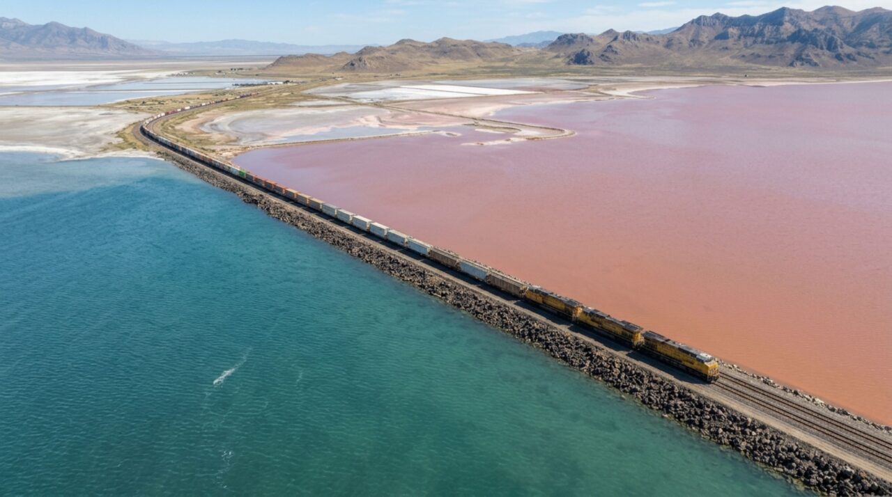 A estrada ferroviária construída sobre um lago salgado que divide suas águas em cores diferentes e alterou o equilíbrio natural da região