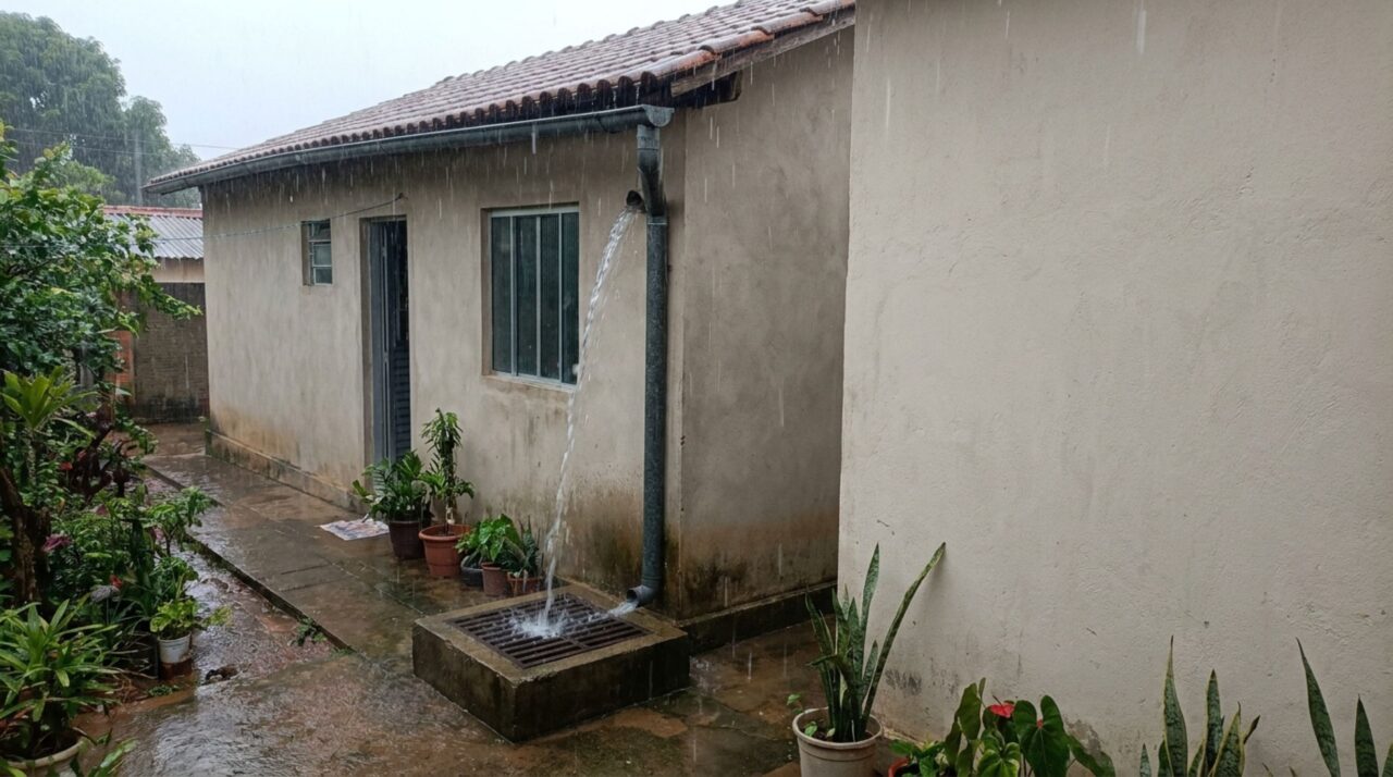 Homem instala uma calha nova para acabar com infiltrações e, na primeira chuva forte, vizinha percebe que toda a água do telhado passou a cair perto do muro da sua casa