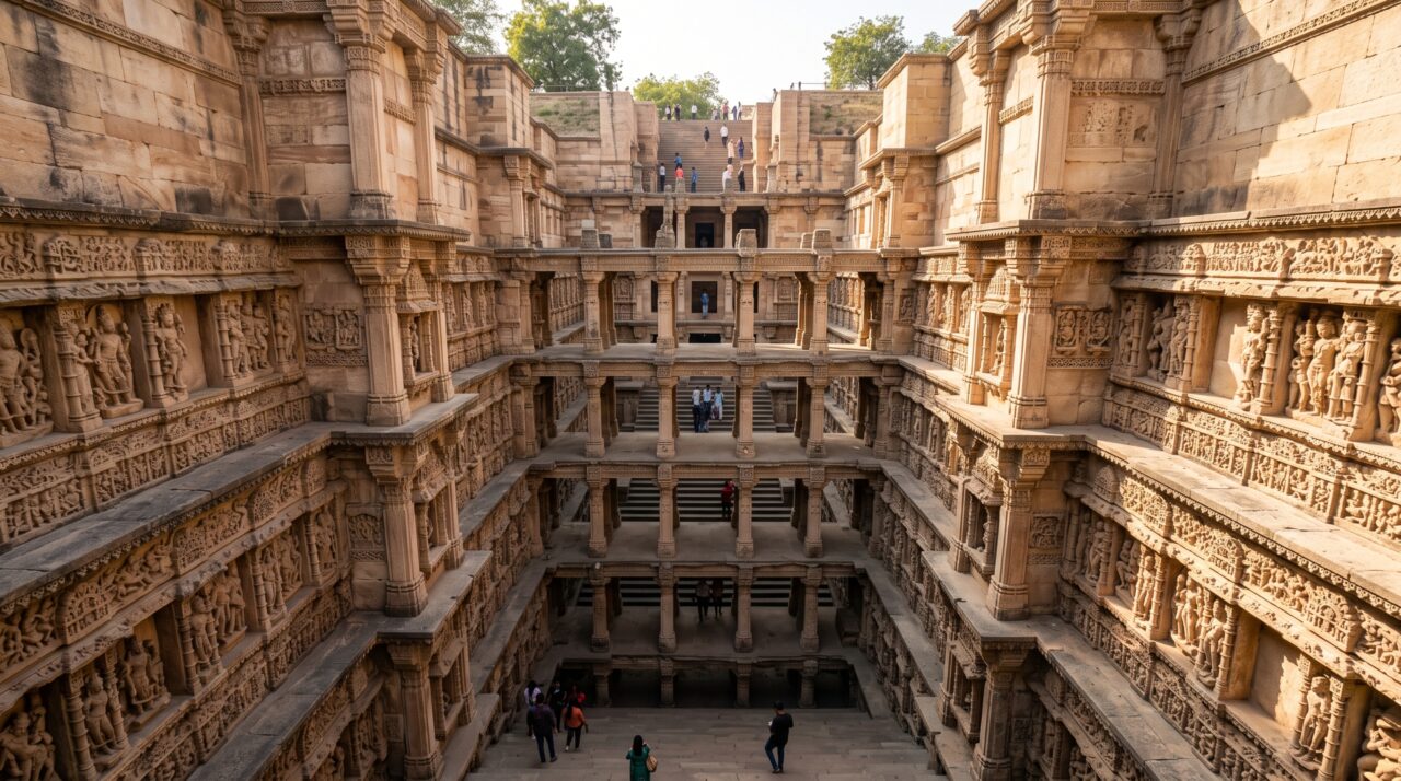 Sete níveis de escadas descem até 23 metros num poço construído como templo invertido e coberto por mais de 1.500 esculturas
