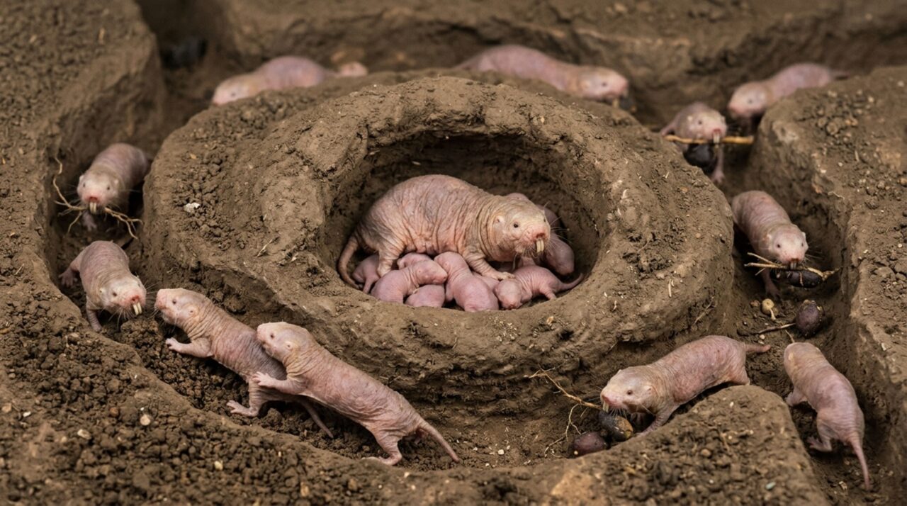 Rato-toupeira-pelado vive numa sociedade parecida com a de abelhas, em que uma única fêmea é a rainha e grande parte dos outros animais trabalha para a colônia