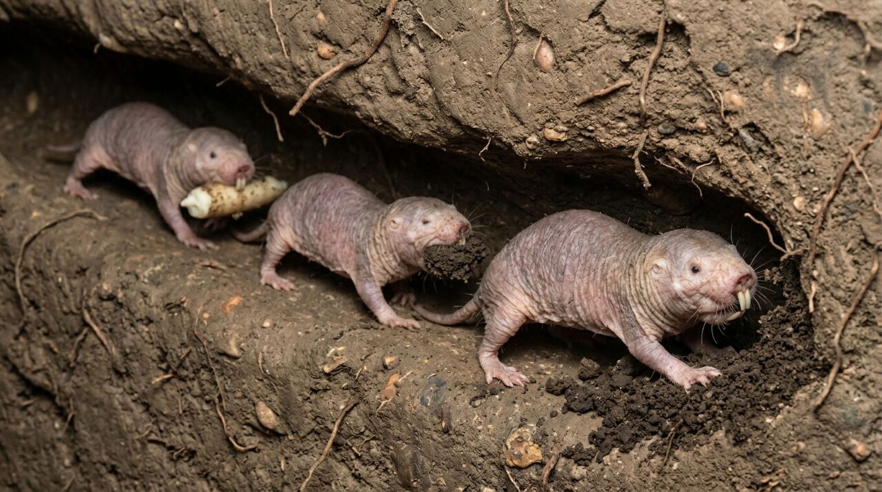 No rato-toupeira-pelado, a vida subterrânea combina escavação cooperativa, busca por tubérculos e divisão flexível de tarefas dentro da colônia