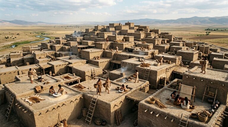 Çatalhöyük formava um assentamento denso de casas conectadas pelos telhados