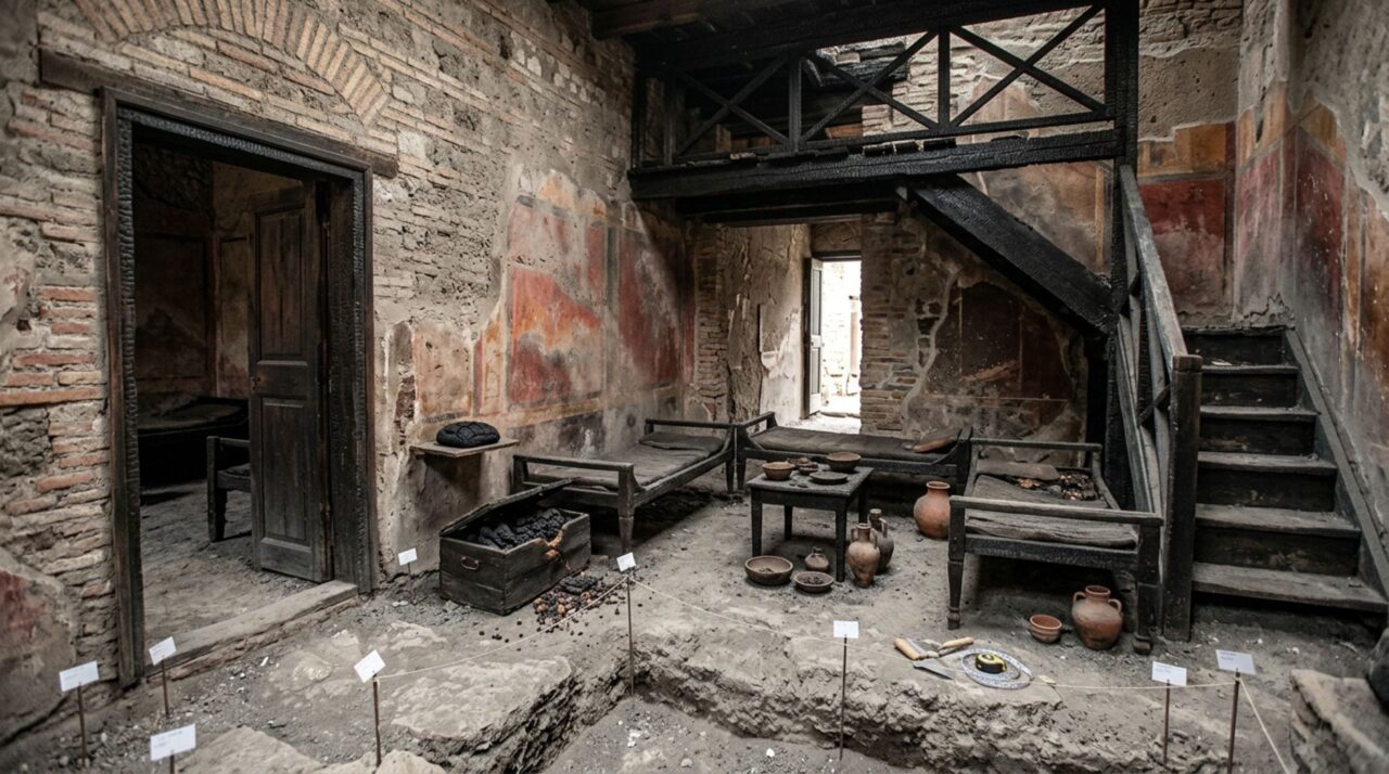 Madeira carbonizada e objetos domésticos preservados em uma casa de Herculano