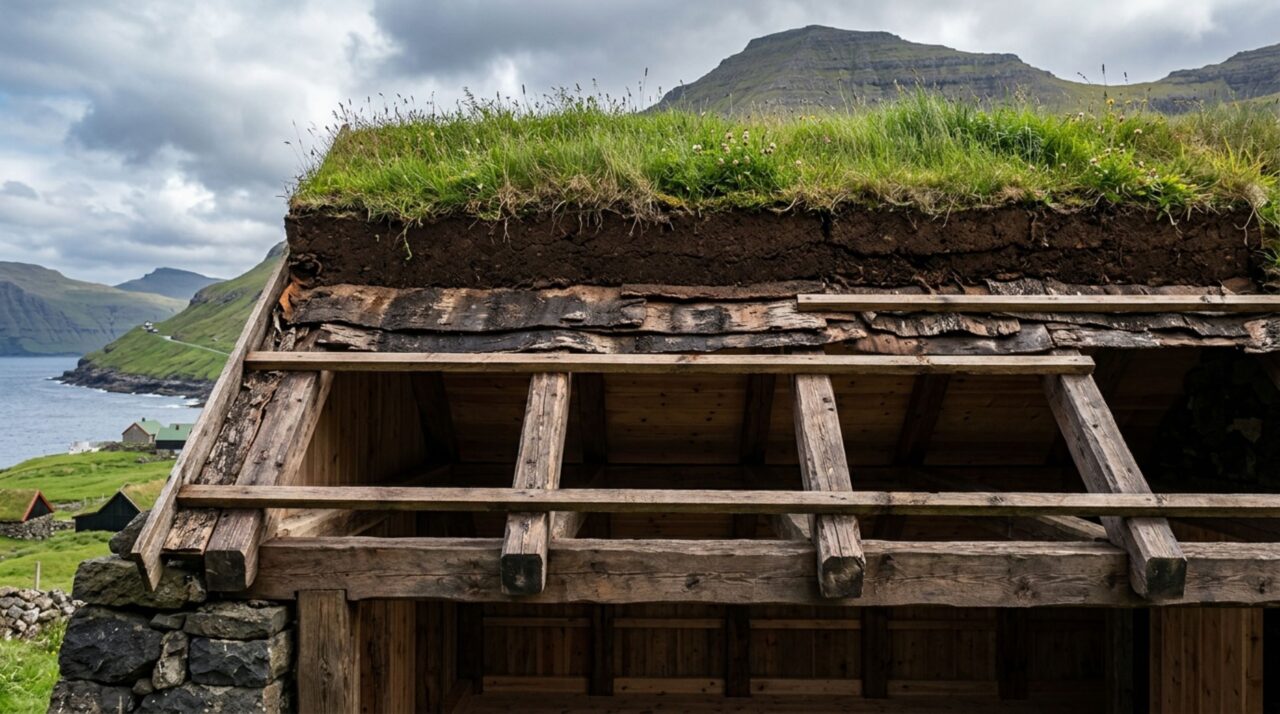 A cobertura vegetal funciona junto a camadas impermeáveis e estrutura de madeira para proteger e isolar as construções faroesas